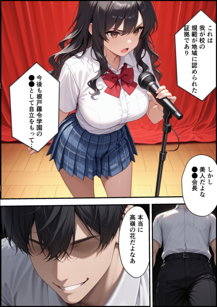 【エロ漫画】 上級国民に支配された学園生徒会長が学園を守るため処女喪失ショーを行う話 モザイク版 バベル太郎 あいラビ サンプル画像