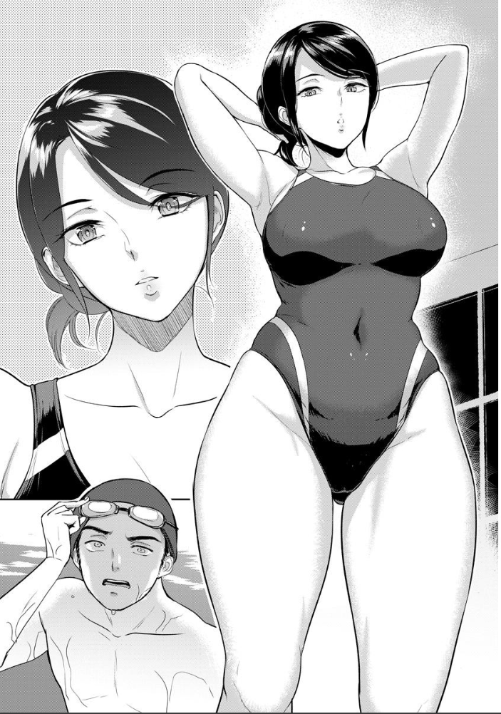 【エロ漫画】上司と競泳水着のムチムチボディをスイミングプールで堪能する日【 サンプル画像
